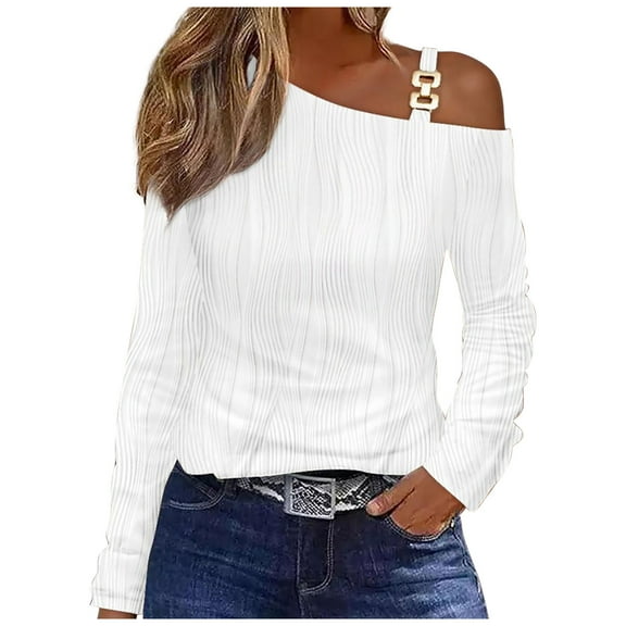 Scyoekwg Womens Blouses T Shirt Casual Comfy Loose Round Neck Cold Shoulder Tops Dressy Blouse Lightweight Long Sleeve Tops Solid Color Blouse (White,L)