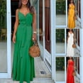 thumbnail image 2 of GENEMA Women Summer Spaghetti Strap Sexy V-Neck Button Maxi Long Dress Belted High Waist Solid Color Ruffled Flared Hem Beach Sundress, 2 of 14