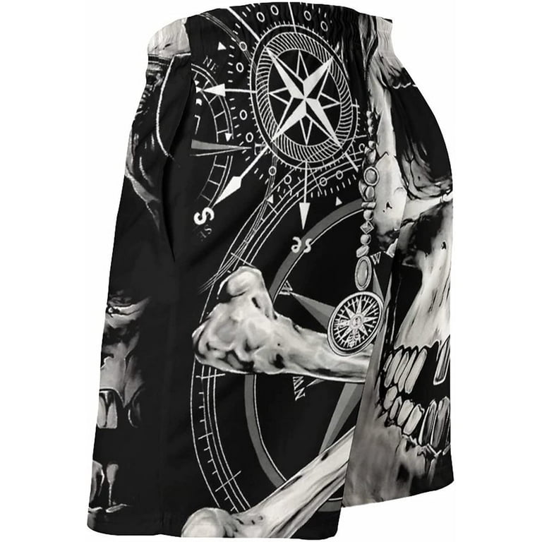 Men s Black White Pirate Skull Compass Heavy Metal Swim Trunks