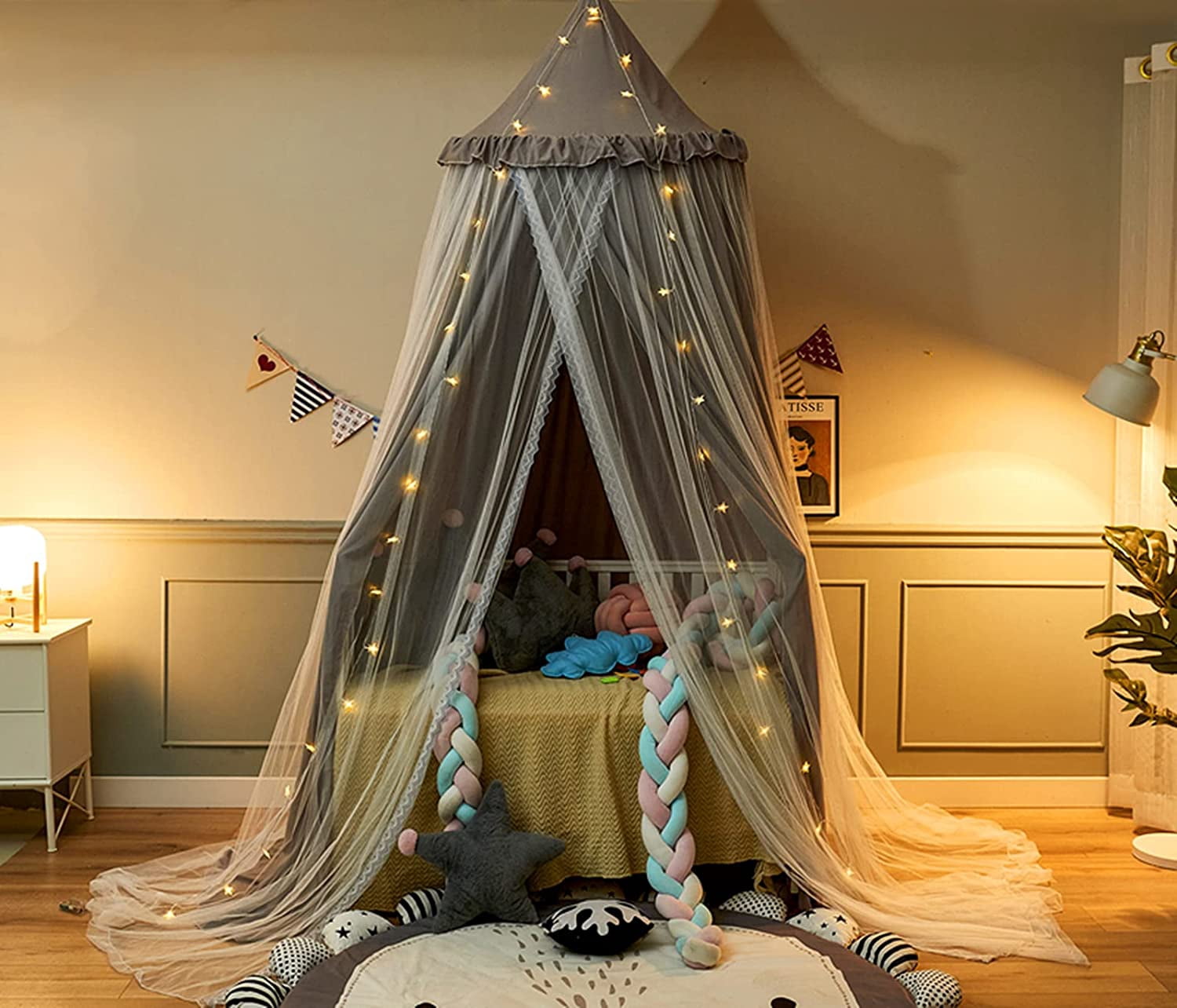 Bed Canopy Double Layer Princess Round Dome Dreamy Mosquito Net Bedding Girls Room Castle Play Tent Hanging House Decor Reading Nook Canopies(Gray/White)