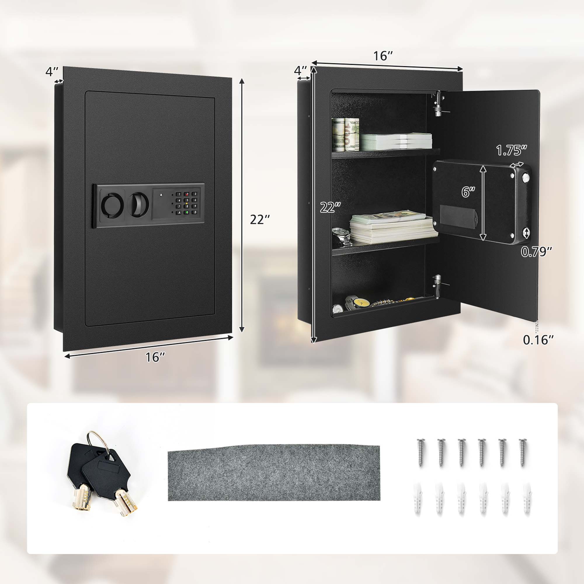 Costway Digital Flat Recessed Wall Safe Home Security Lock, Black