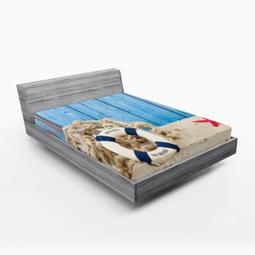 Ambesonne Vintage Fitted Sheet, Beach Coastline Welcome, Queen Size, Eggshell Blue Red