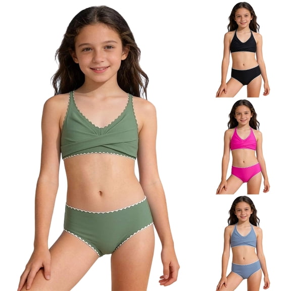 Shadoumai Girls Swimsuits Size 10-12 Cute Ruffle Bikini Top Spaghetti Strap Girls Tankini Swimsuit 2pcs Girls Bathing Suit cover Up Allover Printed Swimwear Set Girl
