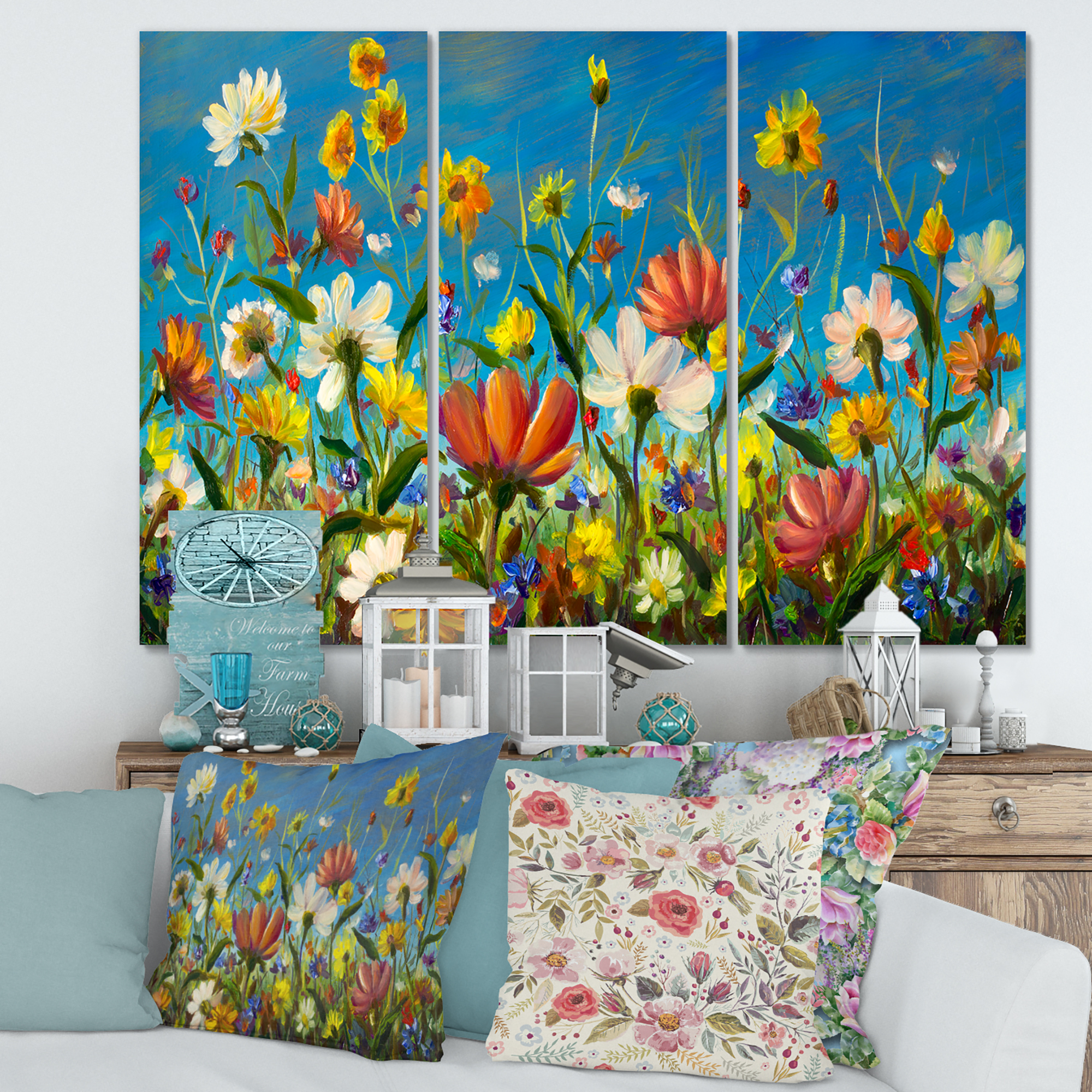 Beautiful Field Flowers In Nature 28 in x 36 in Painting Canvas Art Print, by Designart Set of 3