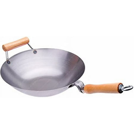 

14 Inches Carbon Steel Wok with Helper Handle (Flat Bottom) 14 Gauge Thickness USA Made