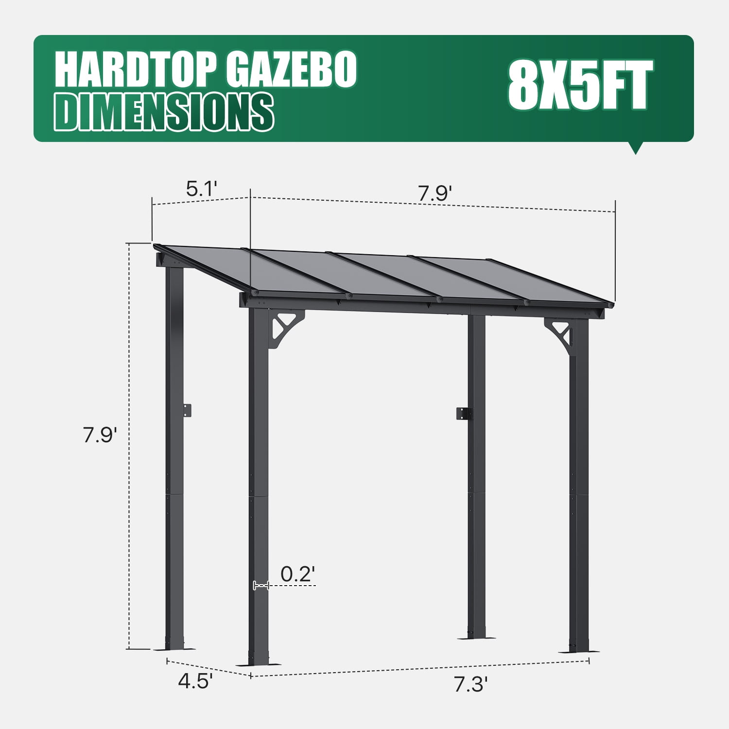 Clouddwell 8'x 5' Wall-Mounted Gazebo Pergola with Aluminum Top Frame & Polycarbonate Panel, Large Heavy-Duty Awnings for Backyard Black