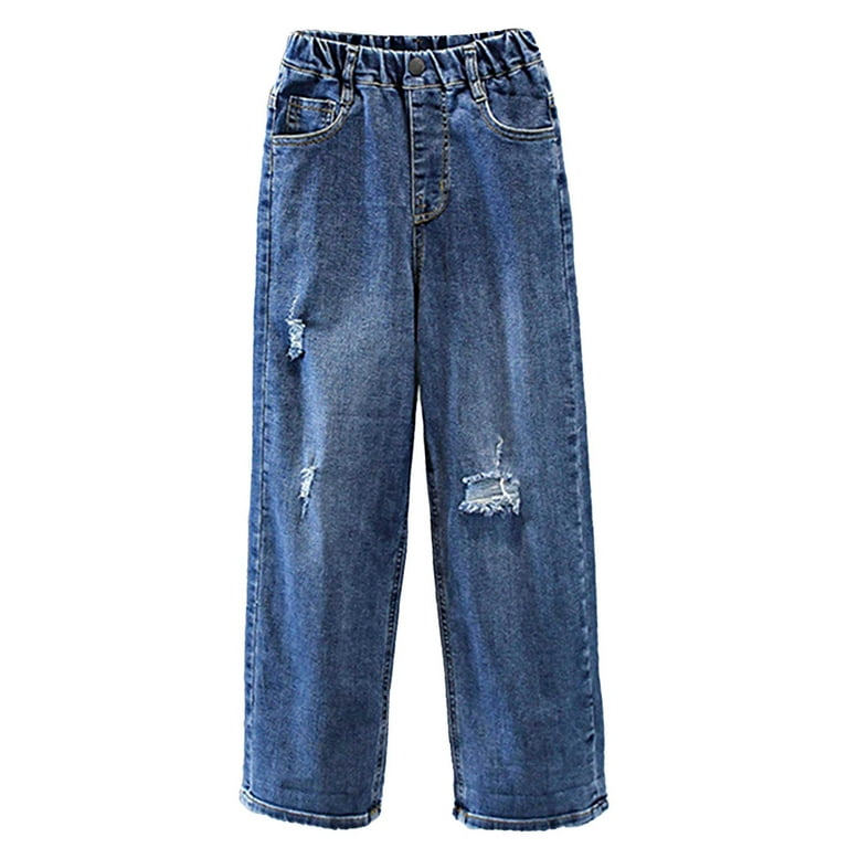 MSemis Girls Kids Ripped Distressed Denim Pants Jeans Kids Wide Leg Casual  Loose Pants,Size 5-14 Blue 9-10