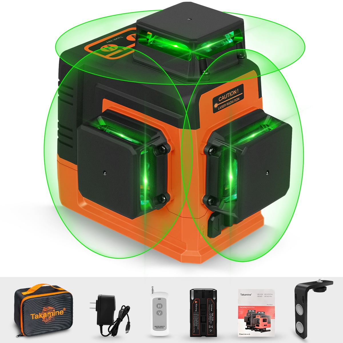 Takamine 12 Lines Laser Level Self Leveling 3x360° 3D Green Cross Line for Construction/Picture Hanging, Remote Controller, Rechargeable Li-ion battery, Magnetic Stand and portable bag