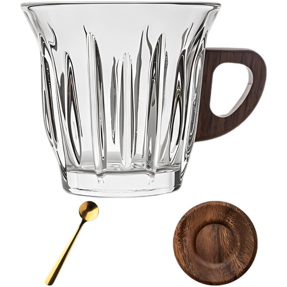 3 Pack 6.8 oz High Borosilicate Glass Coffee Cup Set with Walnut Wood Handle, Saucer & Spoon – Single Layer Glass Espresso Latte Cup for Hot & Cold Beverages, Home, Cafe & Restaurant
