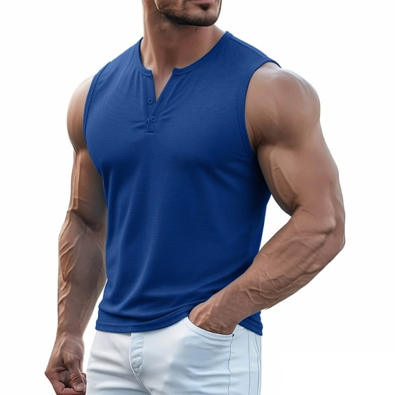 Mens Muscle Tank Tops Button Waffle Sleeveless Workout Gym Slim Fit Henley Shirt Casual Basic Summer Beach Top