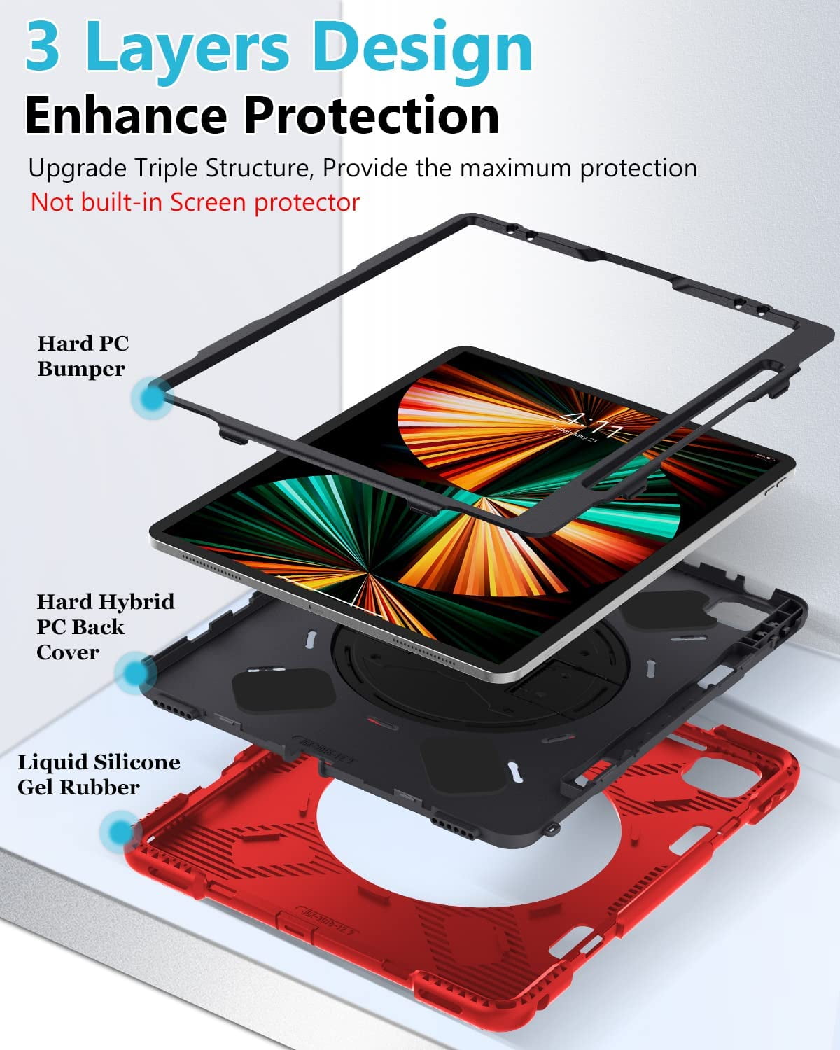 Case for iPad Pro 12.9 2021 5th Generation: Military Grade Heavy Duty Shockproof Silicone Protective Cover for iPad 12.9 Inch 2020 & 2018 w/ Pencil Holder - Stand - Handle - Shoulder Strap- Red