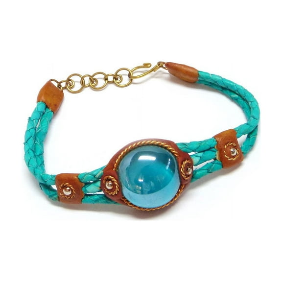 Round Glass Bead Cat's Eye Cabochon Braided Dyed Leather Bracelet - Womens Fashion Handmade Jewelry Boho Accessories