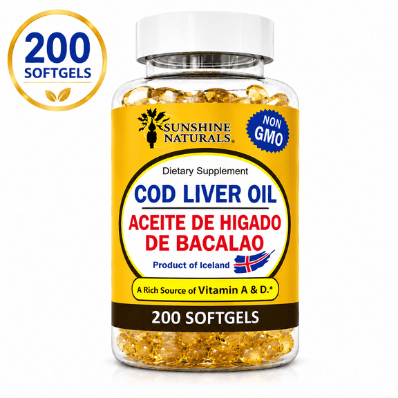 Sunshine Naturals Cod Liver Oil Dietary Supplement, Omega-3 with Vitamins A & D, Immune System, Heart & Bone Health Support, 200 Softgels