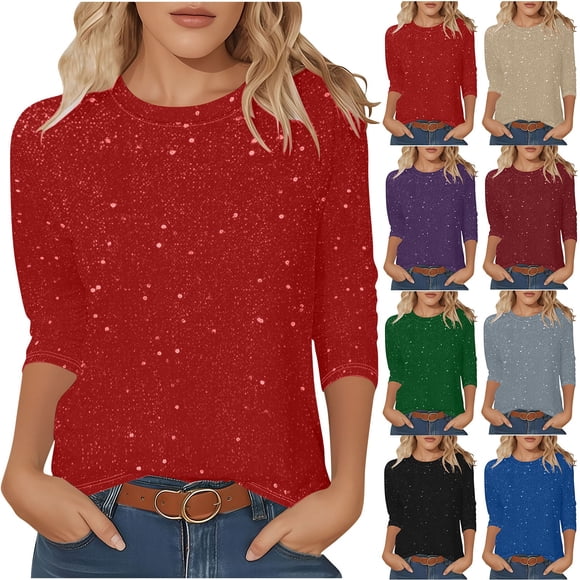 Sentmoon Women Tshirts Top Women's Fashion T-shirt 3 4 Sleeves Blouse Crew Neck Casual Casual for Lounge & Sleep Red L