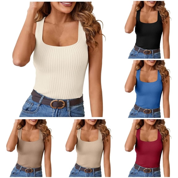 Gunia Ribbed Womens White Tank Top Ribbed Summer Scoop Neck Slim Fitted Tops Casual Basic Knit Sleeveless Shirts Tanktops For Women Camisole