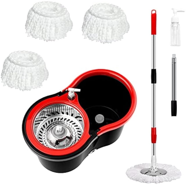 Spin Mop and Bucket with Wringer Set, 360° Microfiber Mop, Self-Wringing System, Telescopic Stainless Steel Handle, 3 Mop Heads, Dual-Chamber Bucket for Home Cleaning