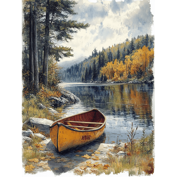 Canoe Lake Autumn Wall Art/Canvas Print, Suitable for Living Room, Office, Study, and Dining Room Decoration.