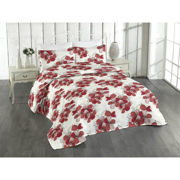 Ambesonne Hibiscus Quilted Bedspread Set 3 Pcs, Tropical Jungle Flower Art, King, Dark Pink Pale Pink