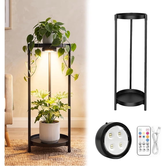 2-Tier Plant Stand with Rechargeable Grow Light, 28.1" Tall Black Metal Plant Rack with Magnetic Light, Timer & Remote for Indoor Outdoor Living Room, Balcony and Patio