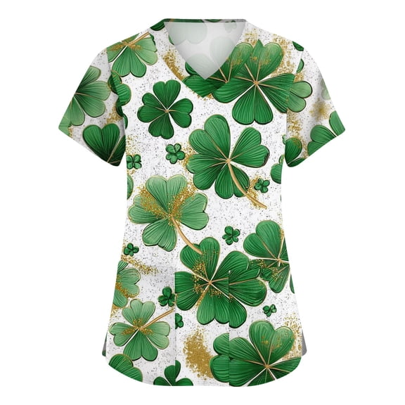 Womens St.patrick's Day Scrub Tops Shamrock V Neck Green Workwear Clover Short Sleeve Medical Nursing Uniform with Pockets White 5XL