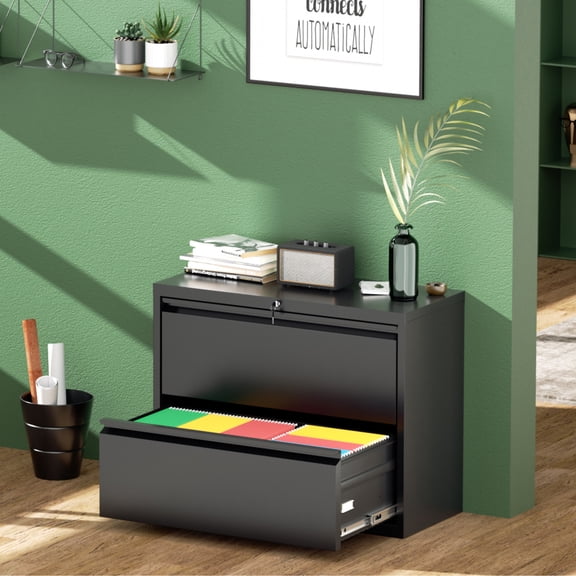SUNCROWN Lateral File Cabinet 2 Drawer, Lockable Metal Filing Cabinet for Home Office, Black Metal File Cabinet with Lock for Legal/Letter/A4/F4 Size with Hanging Bars&Key