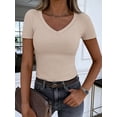 thumbnail image 5 of ANRABESS Women Short Sleeve V Neck Ribbed Knit Fitted Shirts Basic Tees Tops 2026 Summer Casual T-shirts Going Out Outfits Beige Medium, 5 of 11