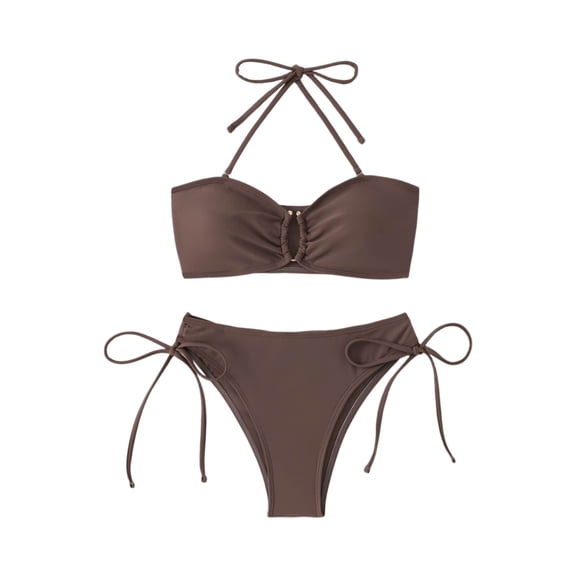 Bathing Suit for Women Halter Ring Linked Tie Side Bikini Sets Two Piece Swimsuit (Brown,L)