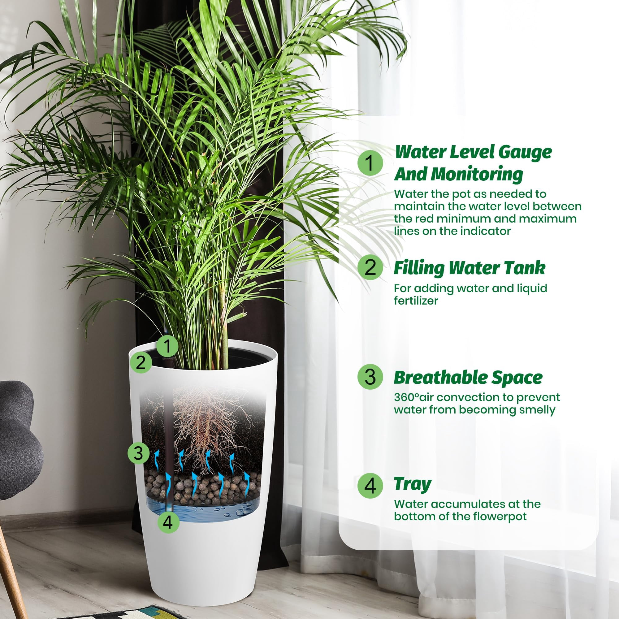 Memoryfield 22" Tall Self-Watering Planter Set 2, Large Plastic Flower Pots with Water Level Gauge, Drainage & Built-in Handle for Indoor Outdoor, White
