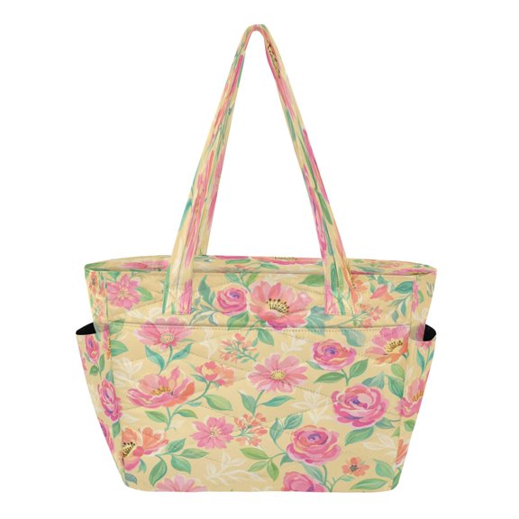 Quilted Tote Bag Large Capacity Multi-Compartment Handbag Nature Floral Garden Pattern Lightweight Structured Shoulder Bag Versatile Casual Bag