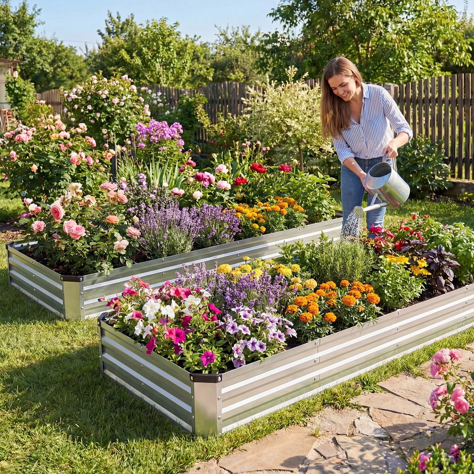 2PCS Outdoor Galvanized Raised Garden Bed, Rust-Proof Heavy-Duty Steel Planter Box, Easy to Assemble Metal Garden Bed, Practical Yard Patio Planting Box for Plants, Vegetables and Herbs, 8*4*1ft