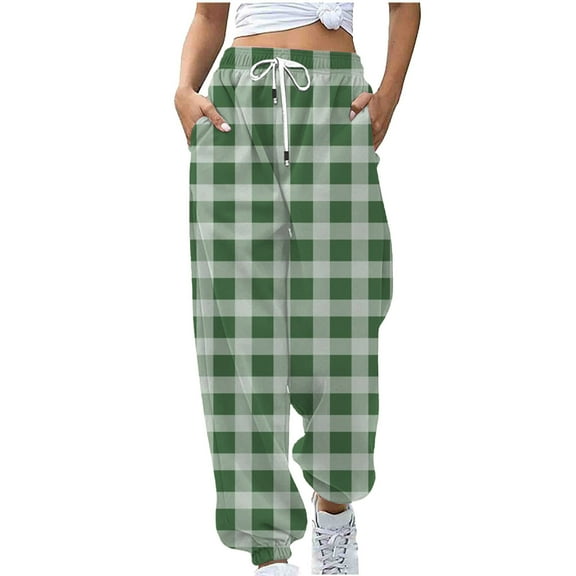 fheaev Sweatpants For Women Baggy Ankle Banded Checker Printed Pants Elastic Waist High Waist Drawstring With Pockets Long Pants Sporty Gym Athletic Fit Jogger Workout Bottom Trousers