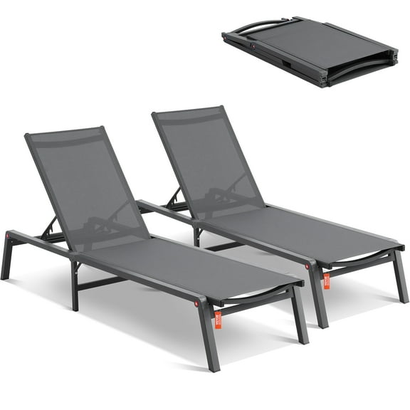 VEVOR Chaise Lounge Chairs Outdoor, Aluminum Patio Lounge Chairs with Adjustable 5-Position, Folding Pool Lounge Chairs Recliner and Full Flat Tanning Chairs for Patio, Beach, Pool, Dark Grey, 2 pcs