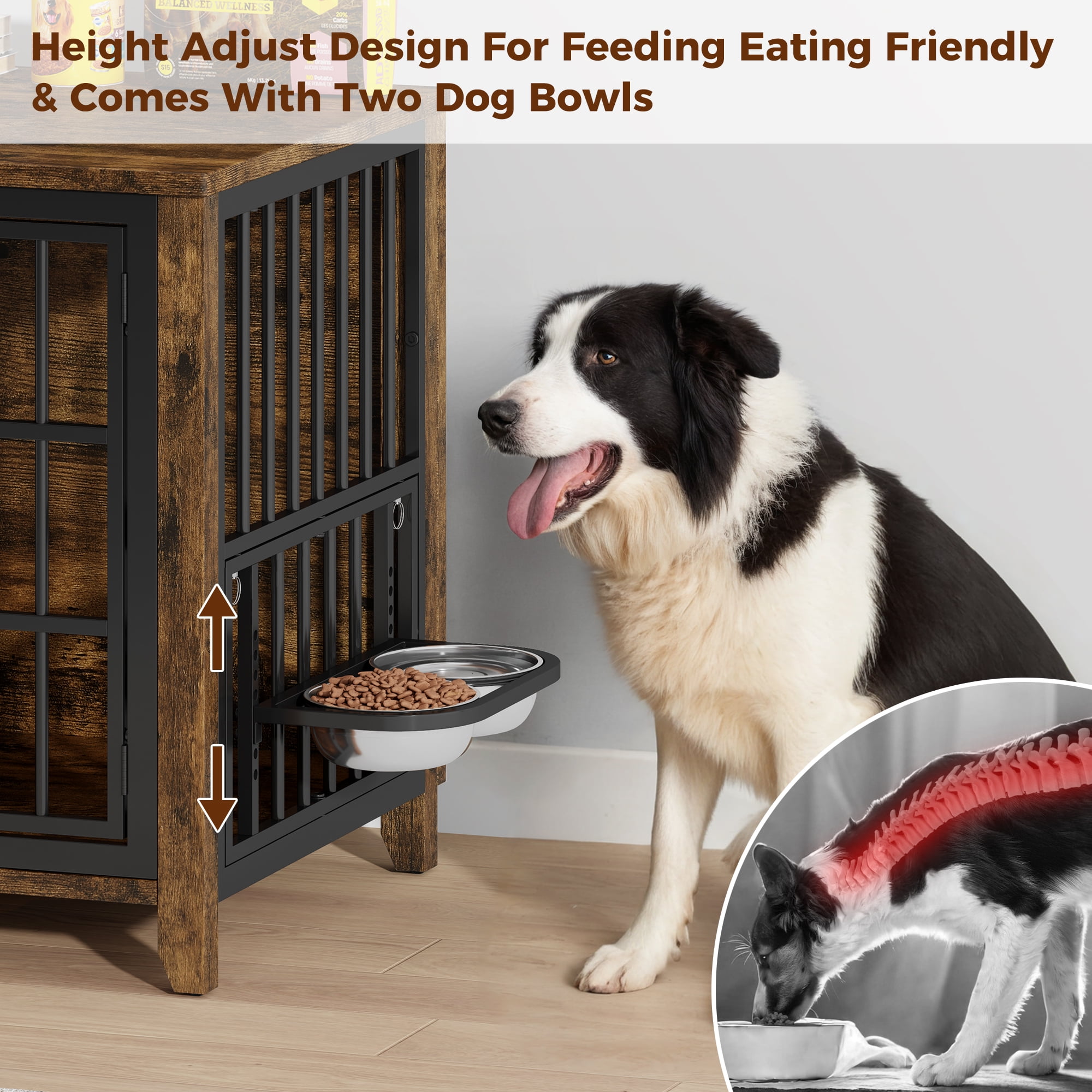 Laintene 37" Dog Crate Furniture with Bowls, Wooden Dog Crate Indoor, Inside Dog Kennels for Medium Large Dogs, Heavy Duty Dog Cage Table, Brown