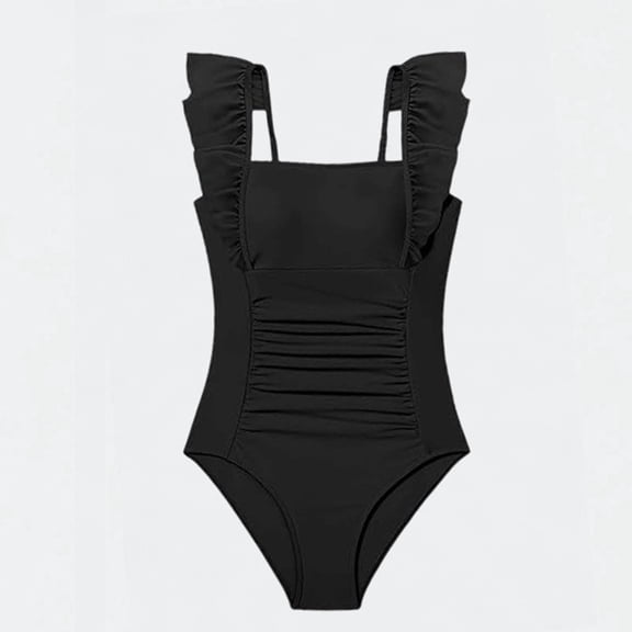 Ticikt Girls One Piece Swimsuit Ruffled Ruched Solid Color Bathing Suit for 7-16Y Kids,Black