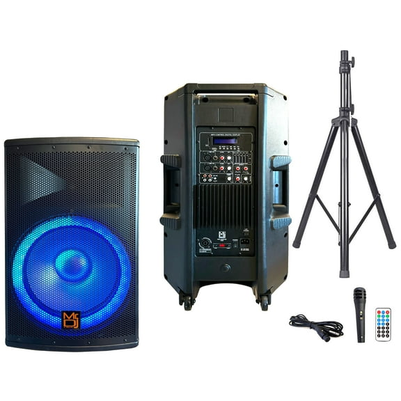 MR DJ 4500W Peak Bi-Amped Bluetooth DJ Speaker with 15" Woofer LED Party Lights Portable PA System, Built-In Media Player, Wired Mic, Speaker Stand, 3-Channel Mixer