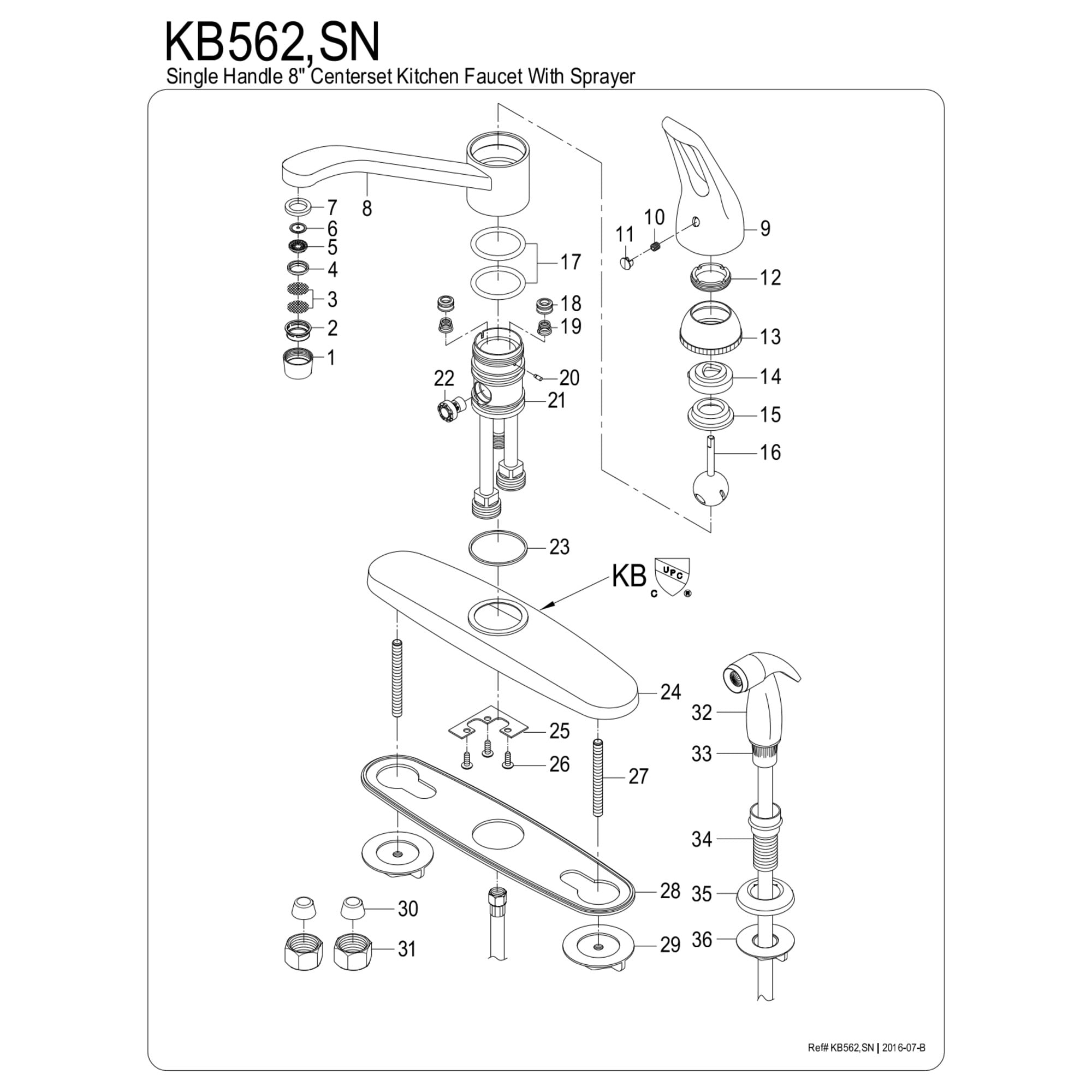 Kingston KB562 Wyndham One-Handle 4-Hole 8" Centerset Kitchen Faucet with Side Sprayer in Polished Chrome
