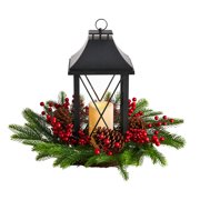 HomeStock 16In. Beachy Boho Christmas Berries, Pinecones And Greenery With Lantern And Included Led Candle Artificial Table Arrangement