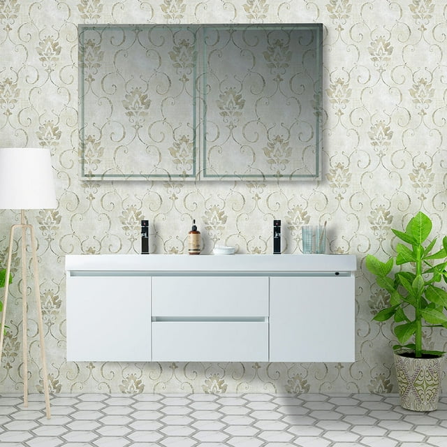 Vanity Art 60 Inches LED Lighted Double Sink Wall Mounted Bathroom Vanity Set 2 Drawers Storage Cabinet White Engineered Stone Top Undermount Rectangle Sinks with Sensor Switch