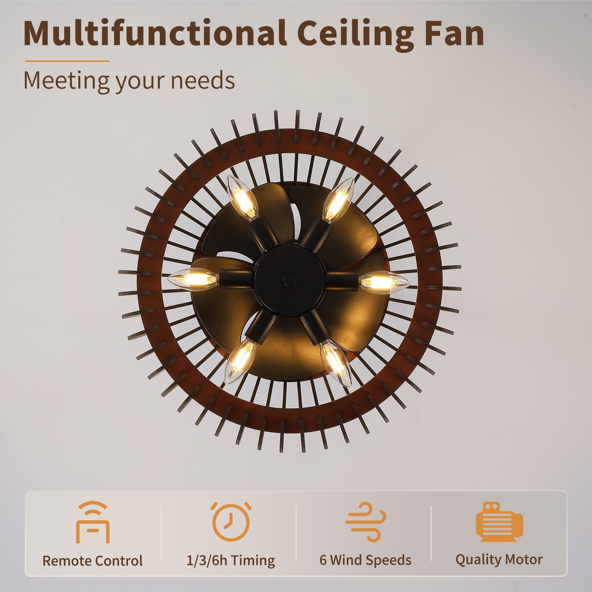 Leumius 20" Pumpkin Wood Ceiling Fan, Rustic Farmhouse Plywood Fandelier with 6 E12 Sockets, Reversible DC Motor, Adjustable Hanging, 6 Speeds Remote Control Ceiling Fan for Dining Room Kitchen