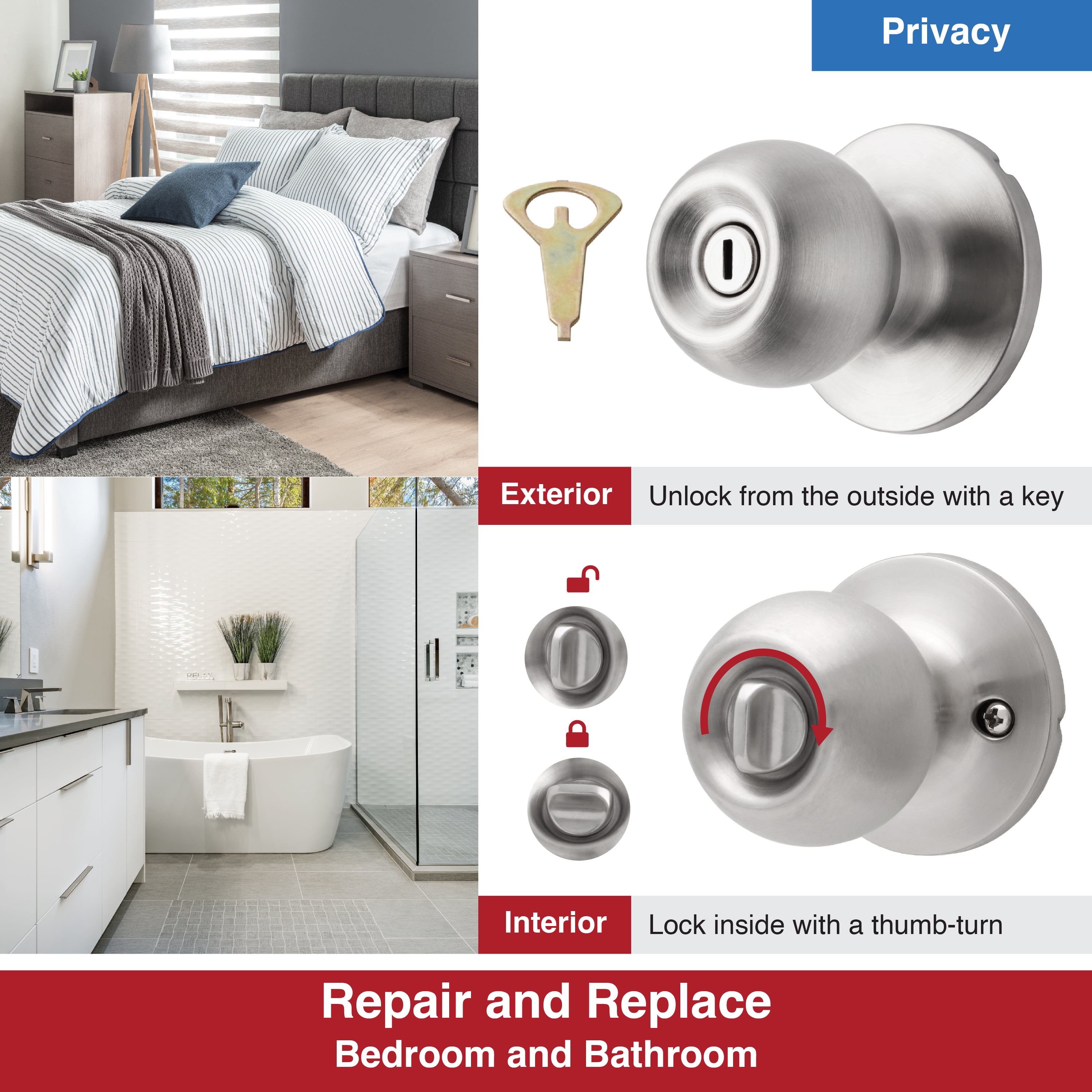 (4 pack) Hyper Tough Interior Locking Ball Privacy Bed and Bath Doorknob Stainless Steel Finish