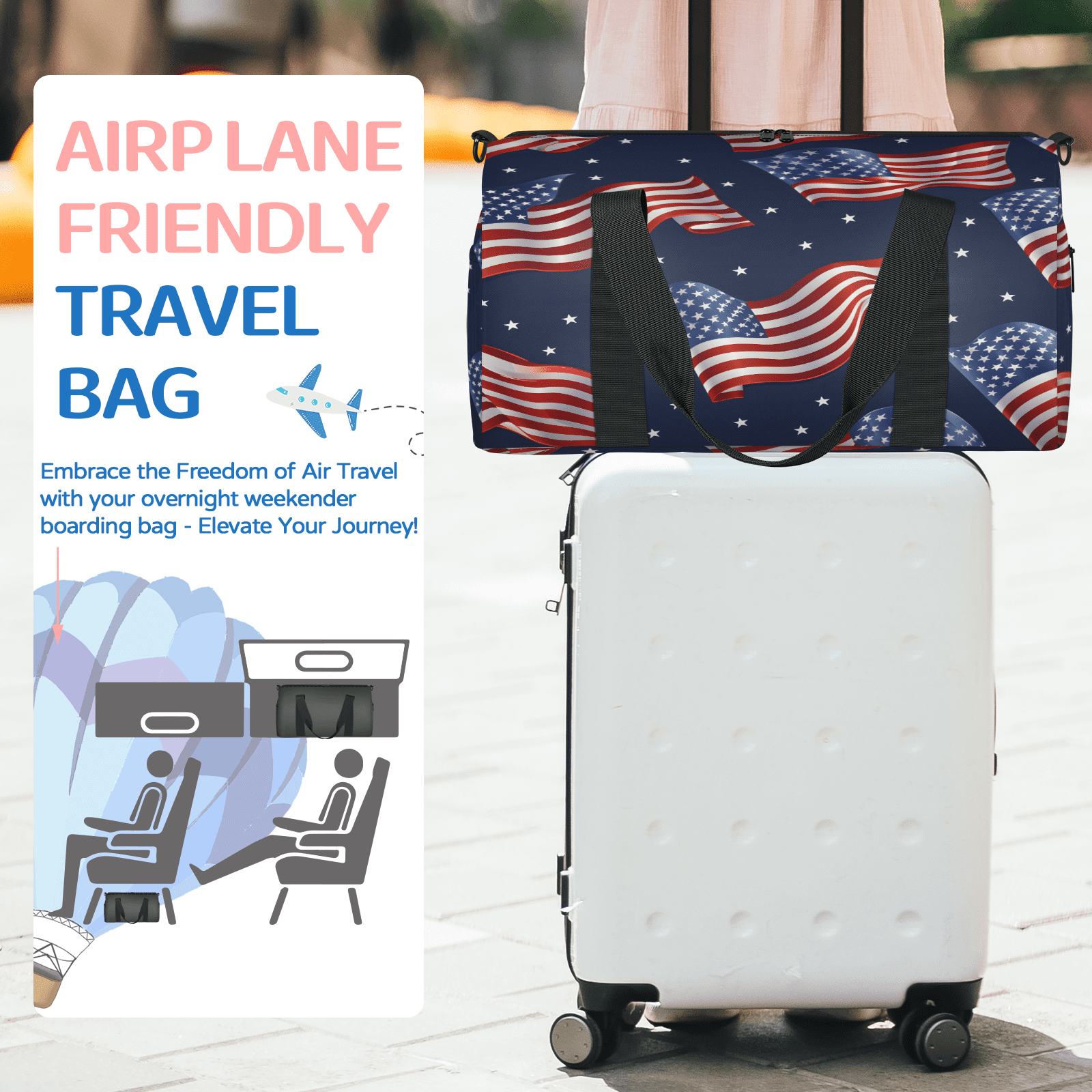 Herdesigns American Flag Gym Bag for Women, Duffle Bag for Travel Sport, 4th of July USA Flag Lightweight Waterproof Carry on Weekender Dance Yoga Workout Bags