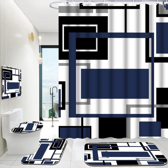 Hadint 4Pcs Blue Geometric Pattern Shower Curtain Set, Shower Curtain and Rug Set, 12 Pcs Hooks, 71in x 71in