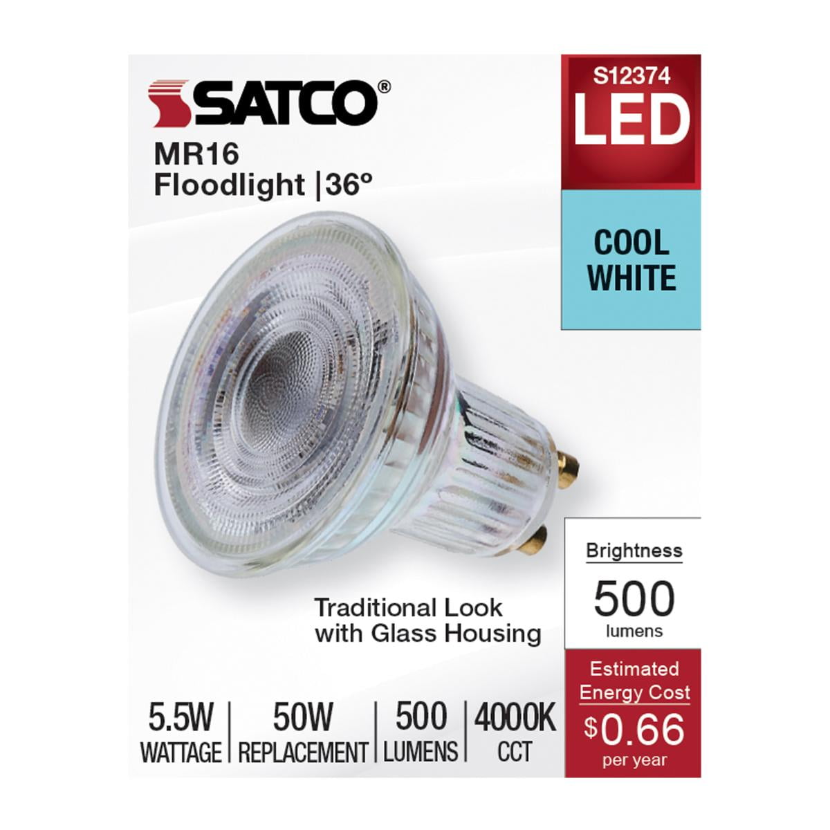 Satco S12374 MR16 LED Flood Light Bulbs 120V 5.5W 4000K GU10 Base Dimmable (12 Pack)
