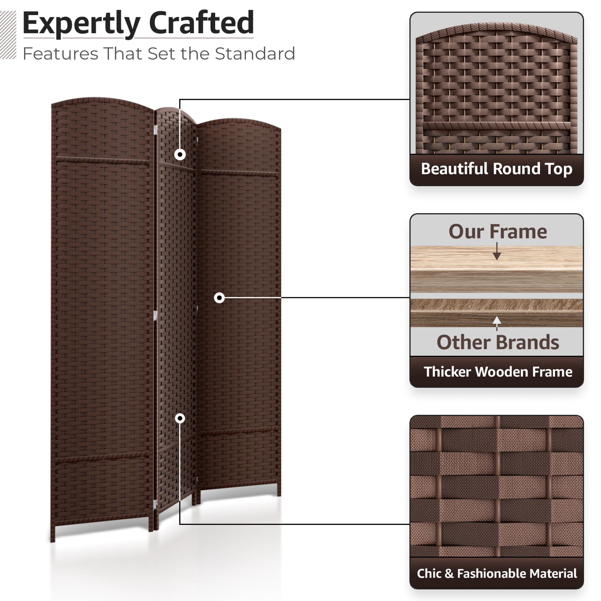 Sorbus 3-Panel Wide Folding Room Divider Privacy Screen, Hand-Woven Chocolate Mesh