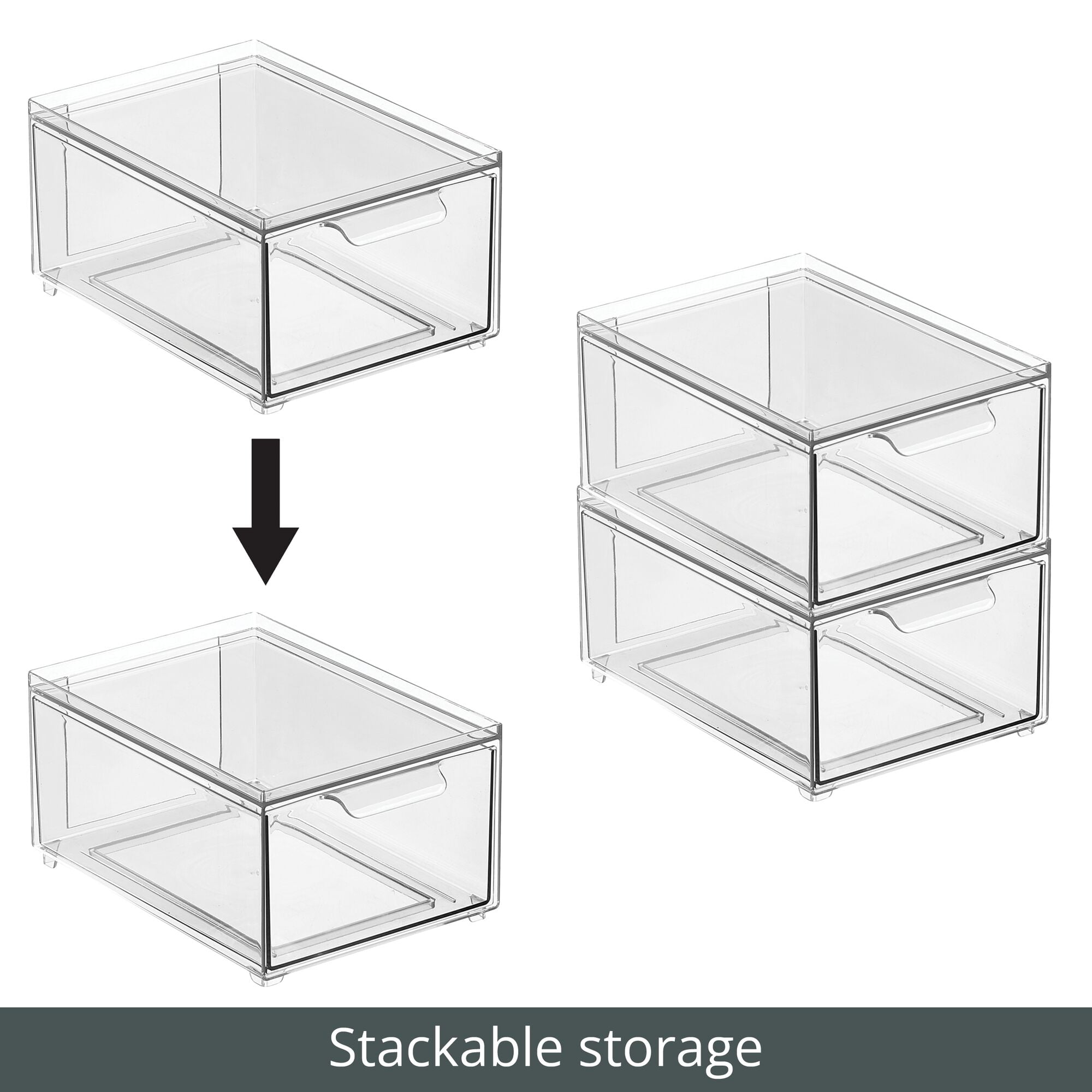 mDesign Stacking Plastic Storage Kitchen Bin with Pull-Out Drawer, 2 Pack, Clear