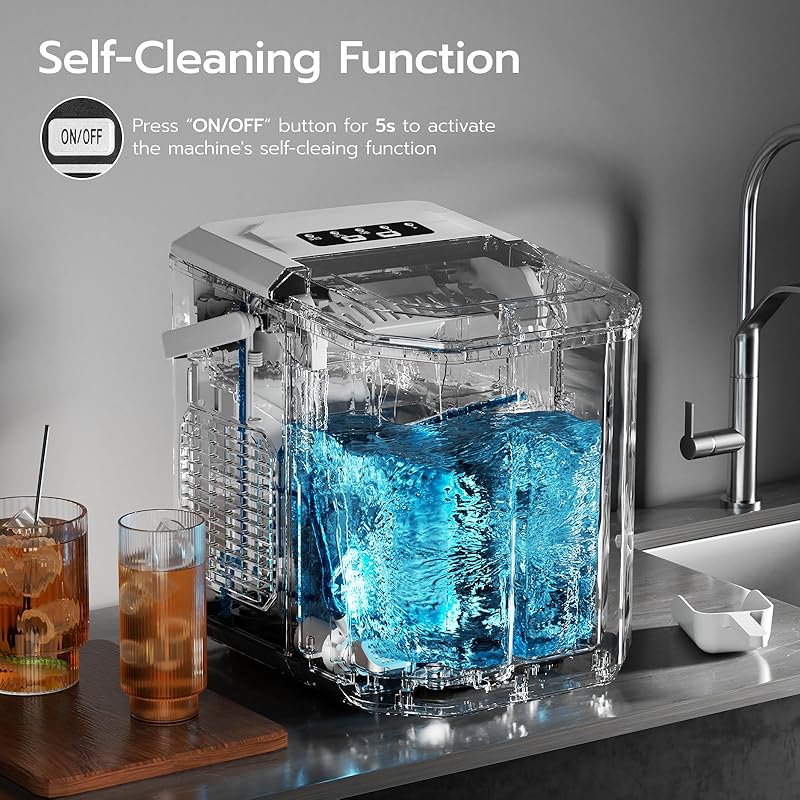 Countertop Ice Maker, 26.5Lbs/24H, 9 Bullet Cubes in 6 Mins, Self-Cleaning Portable Ice Machine with 2 Ice Sizes (S/L), Quiet Compact Design, Double Handles, for Home, Party, RV, Camping, White