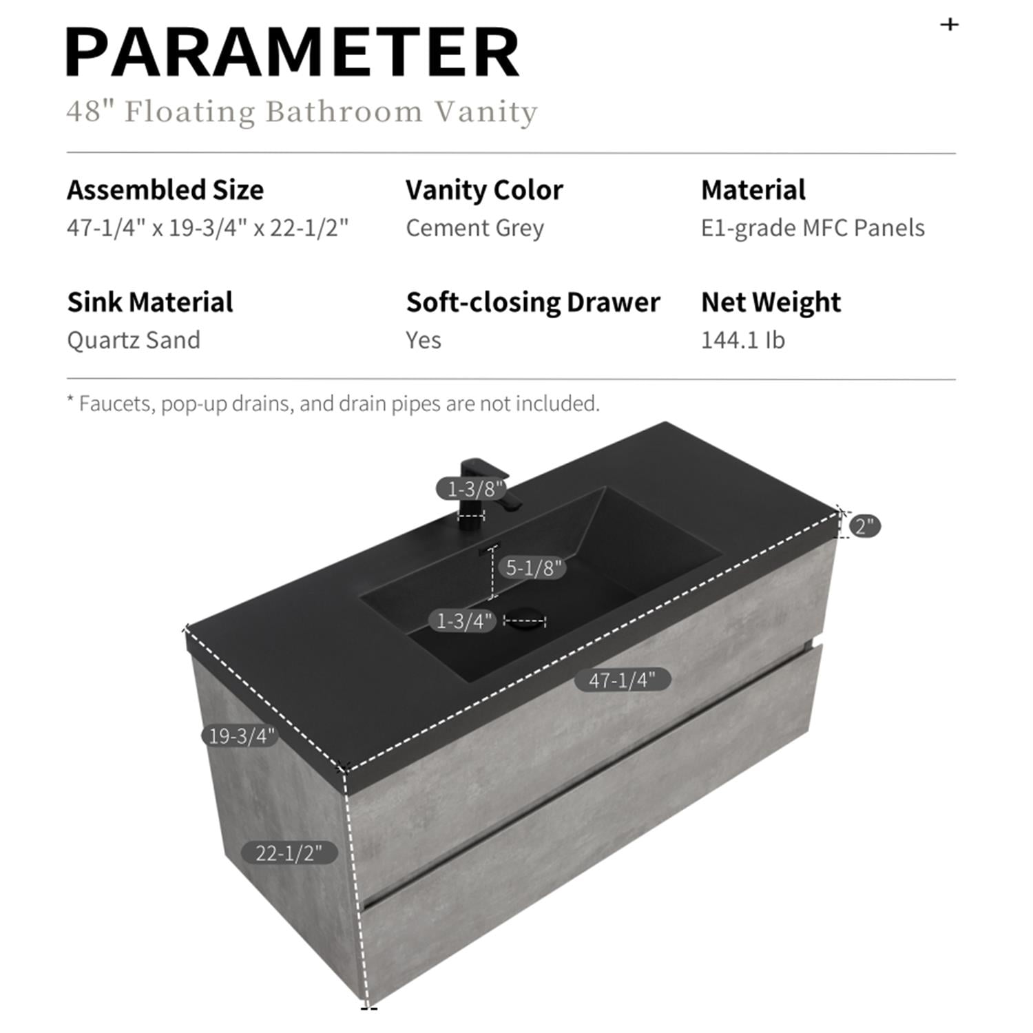 Demi Bonn 47" Floating Bathroom Vanity with Sink, Black Quartz Sand Top Basin and 2 Soft Close Drawers, Faucets and Drains Not Included, Gray