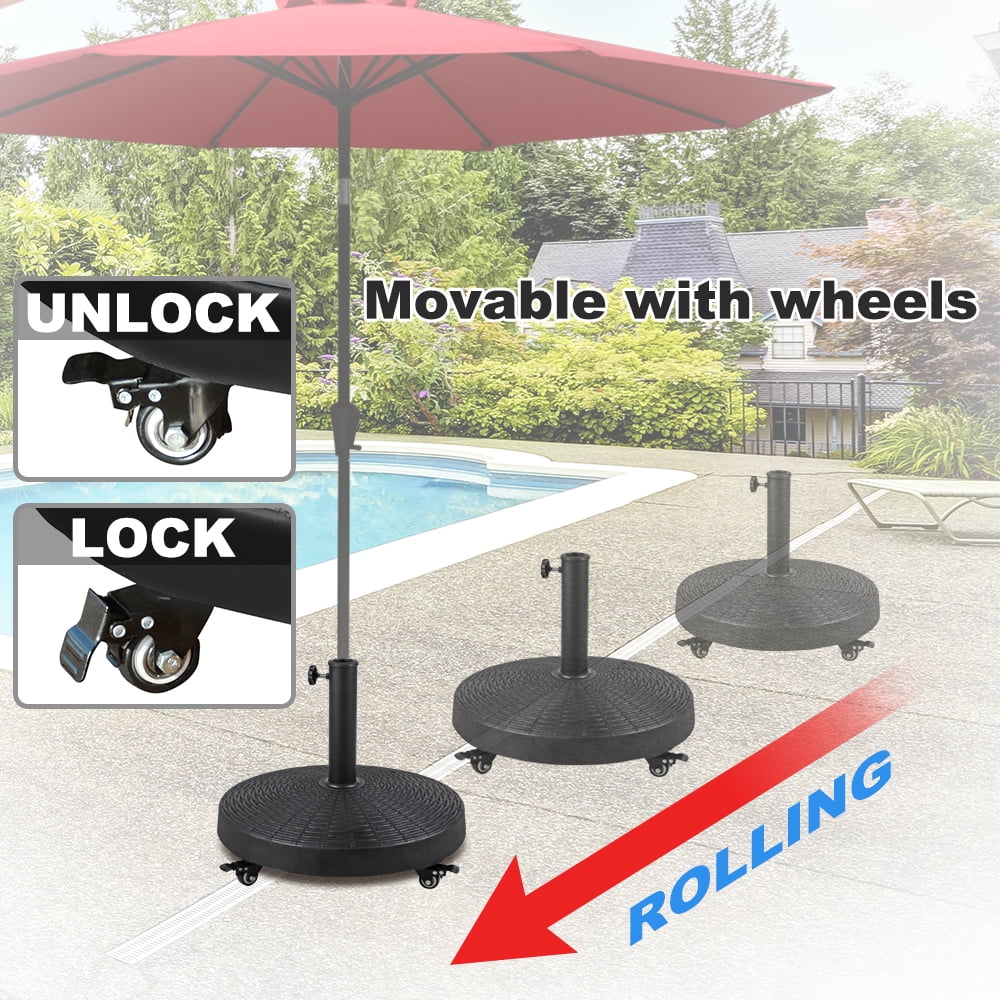COBANA Patio Umbrella Base with Wheels, Heavy-duty Round Resin Umbrella Stand Weights, 52lbs, Black