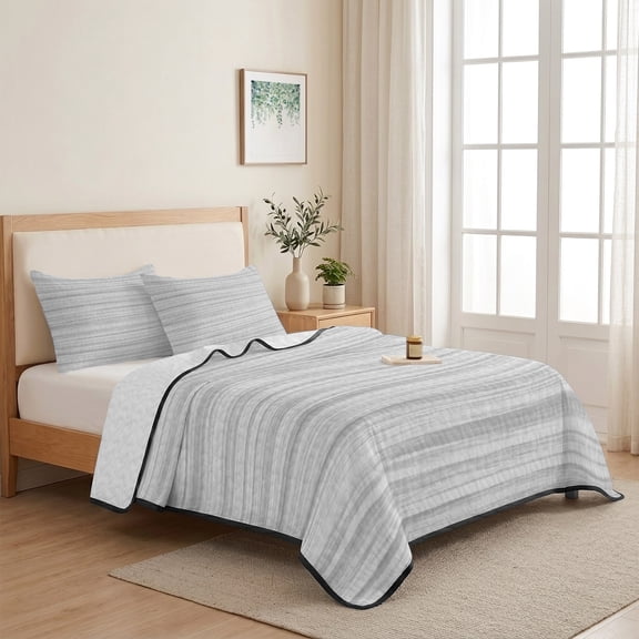 3 Piece Summer Bed Quilt Set Twin XL Size,Gradient Gray Stripes Lightweight Bedspread Coverlet with 2 Pillowcases Modern Minimalism Soft Comforter Bedding Quilts for All Season