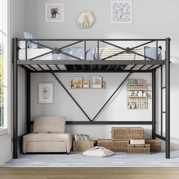 Metal Loft Bed with Heavy-duty steel loft bed frame, Full-length 15-inch safety guardrails for Bedroom,Twin,Black